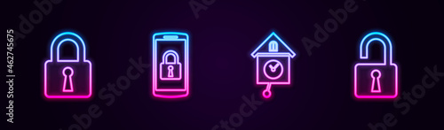 Set line Lock, Smartphone with lock, Retro wall watch and Open padlock. Glowing neon icon. Vector