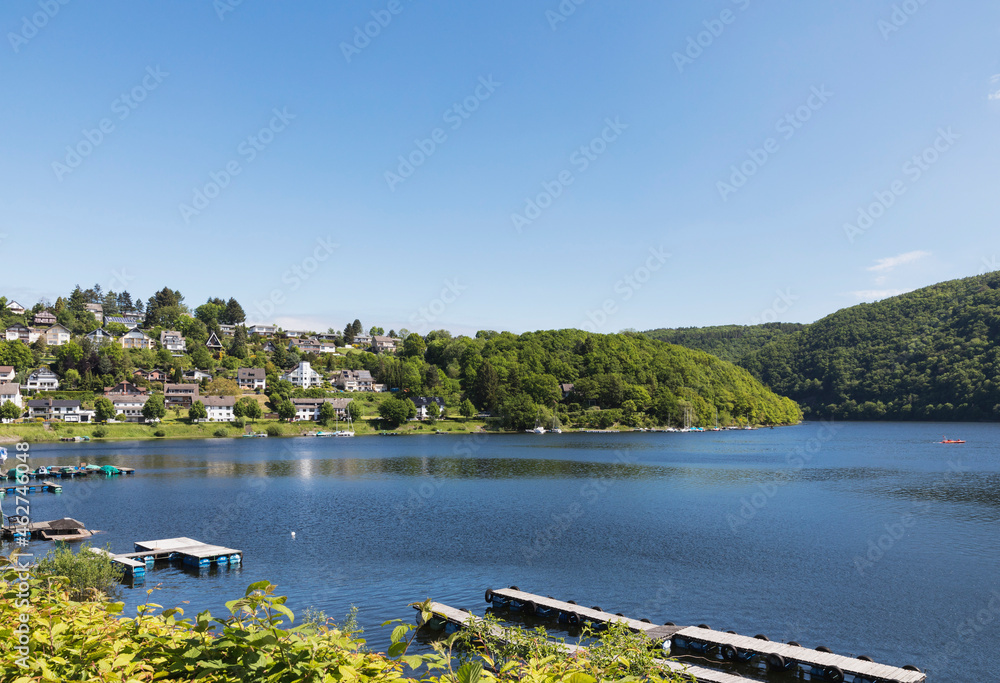 Germany, North Rhine Westfalia, Eifel, Simmerath municipality, village Rurberg, Rur Reservoir, Rursee, Rurtalsperre, view of the Kermeter range Germany, North Rhine Westfalia, Eifel, Simmerath municipality, village Rurberg, Rur Reservoir, Rursee, Rurtalsperre, view of the Kermeter range