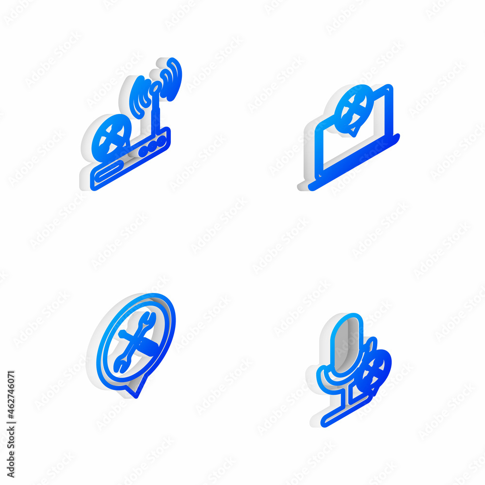 Set Isometric line Laptop service, Router wi-fi, Location and Microphone icon. Vector