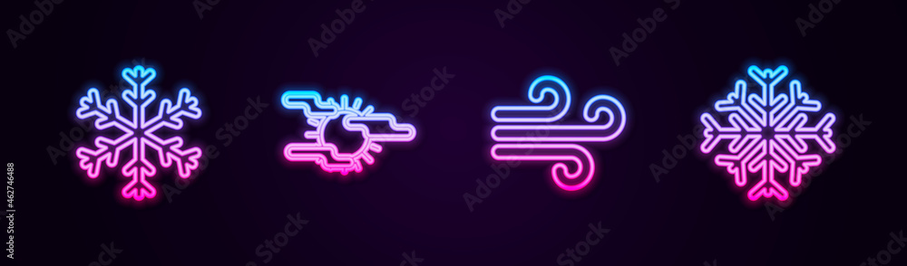 Set line Snowflake, Fog and sun, Wind and . Glowing neon icon. Vector Set line Snowflake, Fog and sun, Wind and . Glowing neon icon. Vector