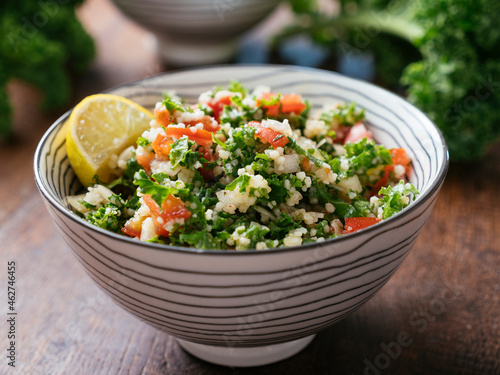 Variation of traditional tabbouleh salad with kale instead of parsley photo