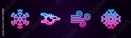 Set line Snowflake, Fog and sun, Wind and . Glowing neon icon. Vector
