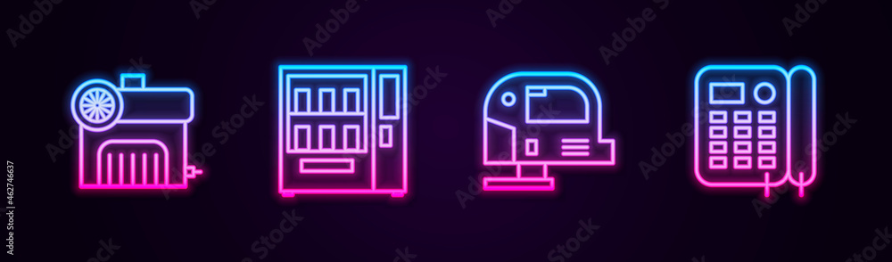 Set line Air compressor, Vending machine, Electric jigsaw and Telephone. Glowing neon icon. Vector
