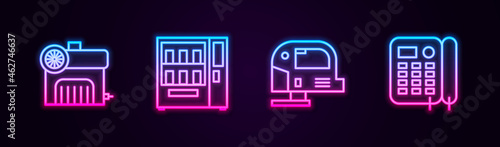 Set line Air compressor, Vending machine, Electric jigsaw and Telephone. Glowing neon icon. Vector