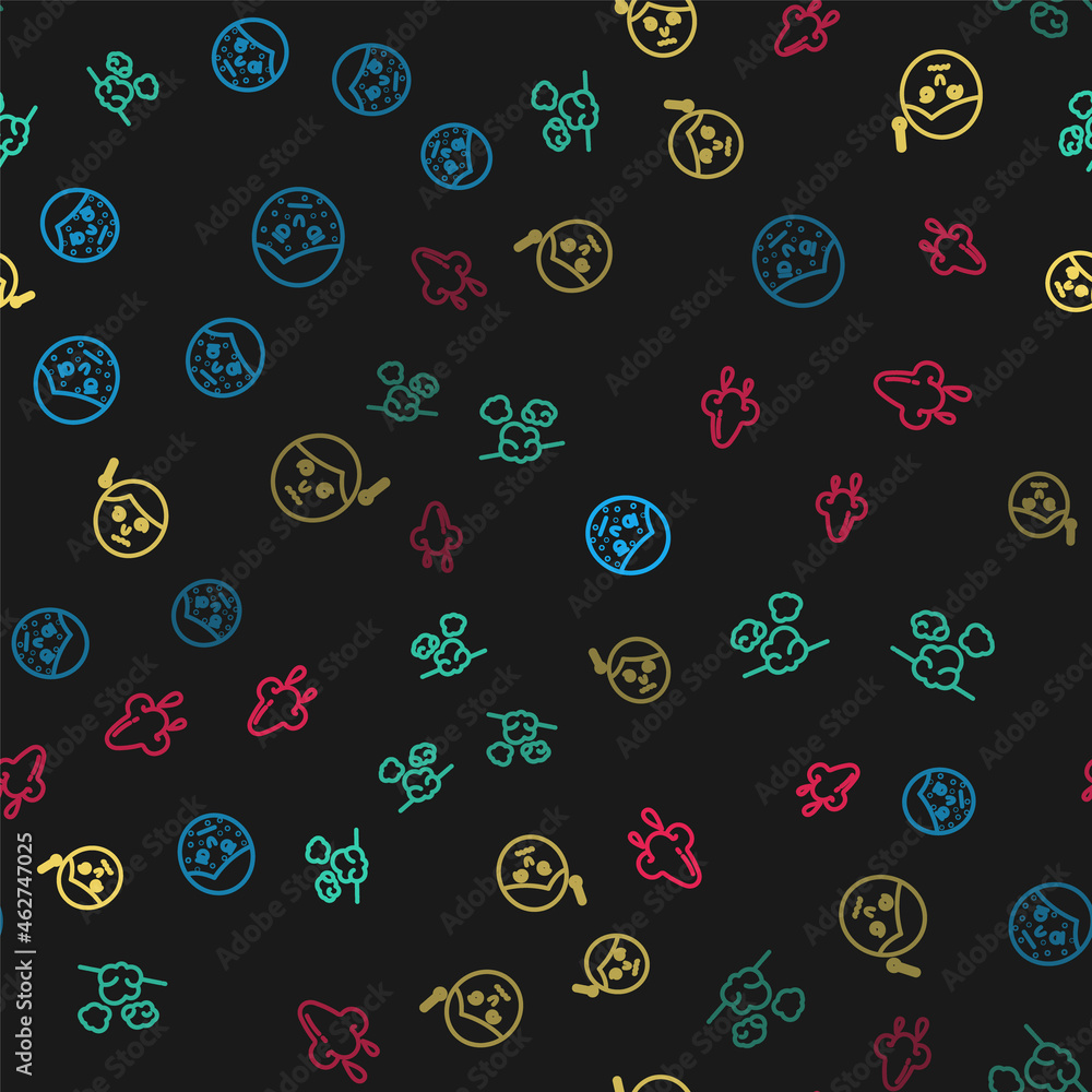 Set line Face with psoriasis or eczema, Dust, High human body temperature and Runny nose on seamless pattern. Vector