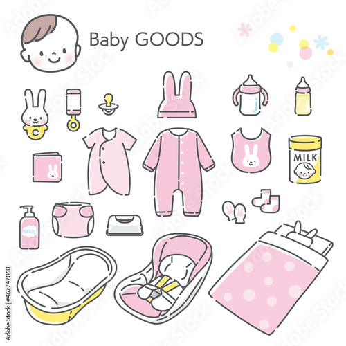 笑顔の赤ちゃんとベビー用品のイラスト素材セット