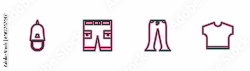 Set line Police cap with cockade, Pants, Short or pants and T-shirt icon. Vector