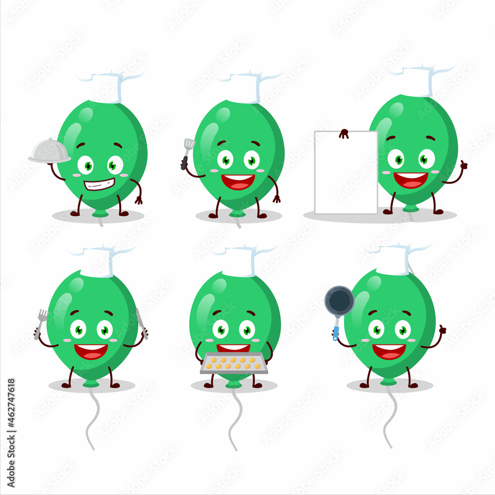 Cartoon character of green balloons with various chef emoticons Cartoon character of green balloons with various chef emoticons