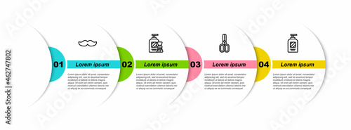 Set line Mustache, Shaving gel foam and brush, Scissors hairdresser and Bottle of shampoo. Business infographic template. Vector