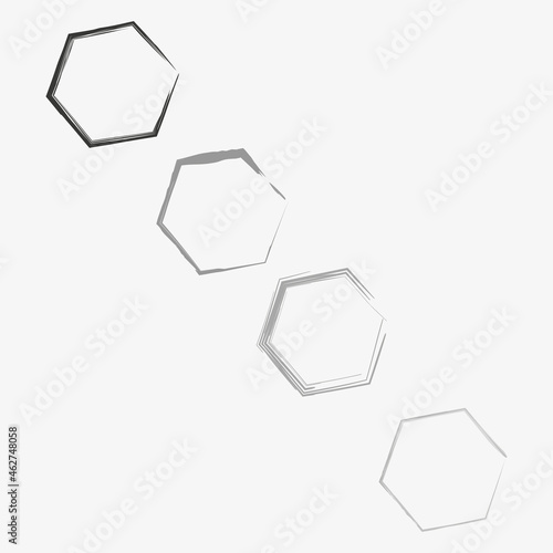 Grunge hexagon set. Ink silhouette. Diagonal arrangement. Abstract geometric figure. Vector illustration. Stock image.