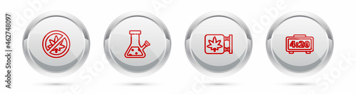 Set line Stop marijuana or cannabis leaf, Glass bong for smoking, Marijuana and store and Digital alarm clock. Silver circle button. Vector