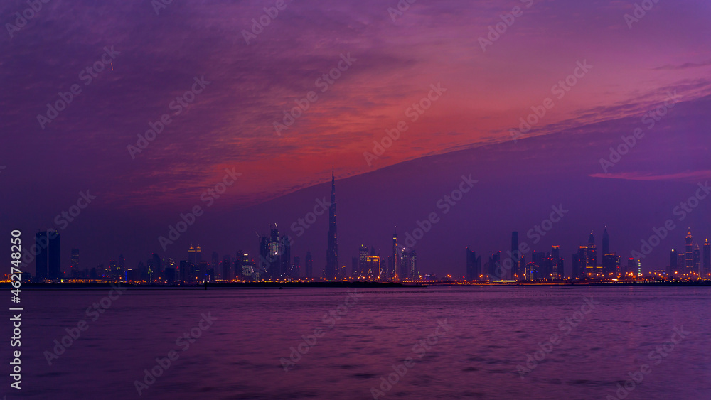 United Arab Emirates, Dubai, silhouette of the skyline at twilight United Arab Emirates, Dubai, silhouette of the skyline at twilight