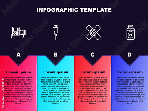 Set line Blood pressure, Syringe, Crossed bandage plaster and Organ container. Business infographic template. Vector
