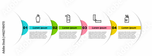 Set line Canteen water bottle, Pepper spray, Trap hunting and Camping gas stove. Business infographic template. Vector
