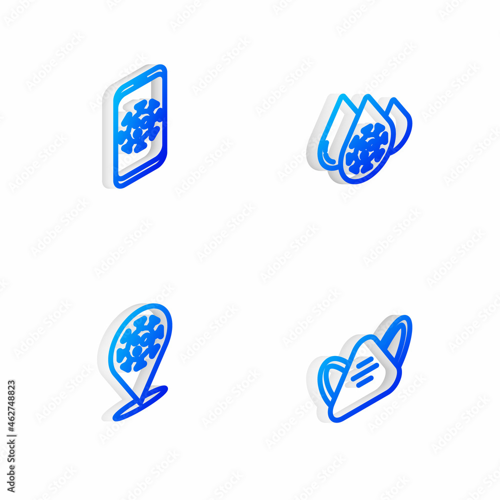 Set Isometric line Blood test and virus, Virus statistics on mobile, Corona 2019-nCoV location and Medical protective mask icon. Vector Set Isometric line Blood test and virus, Virus statistics on mobile, Corona 2019-nCoV location and Medical protective mask icon. Vector