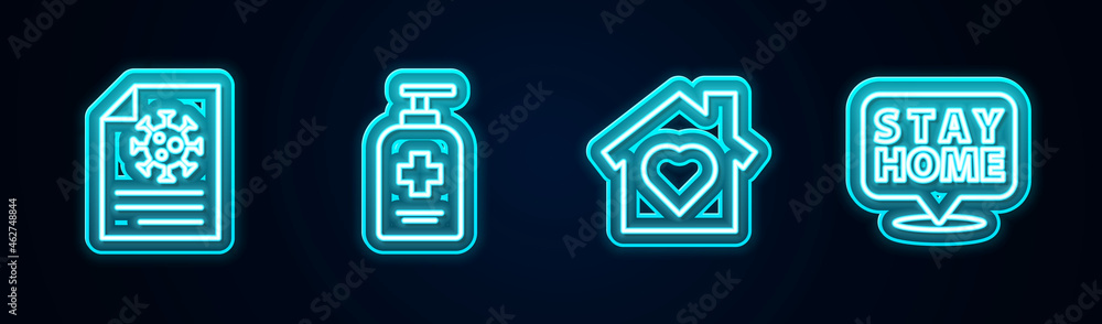 Set line Clipboard with blood test results, Liquid antibacterial soap, House heart inside and Stay home. Glowing neon icon. Vector
