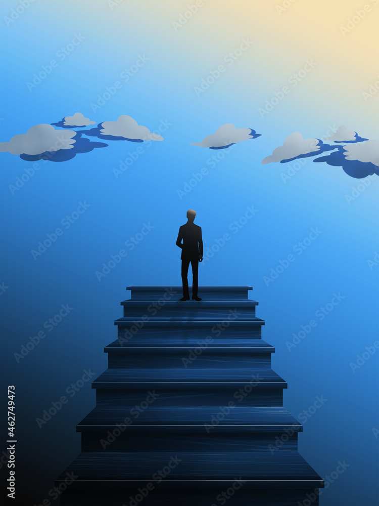 Successful businessman at the top of the stairs. Clouds in the sky. 3D rendering