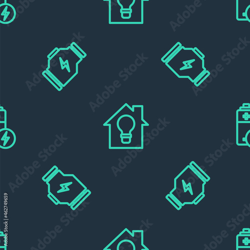 Set line Smart house and light bulb, Check engine and Battery on seamless pattern. Vector