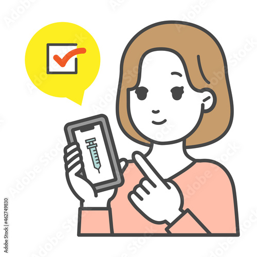 ワクチン接種をスマホ画面掲示で証明する若いの女性のベクターイラスト