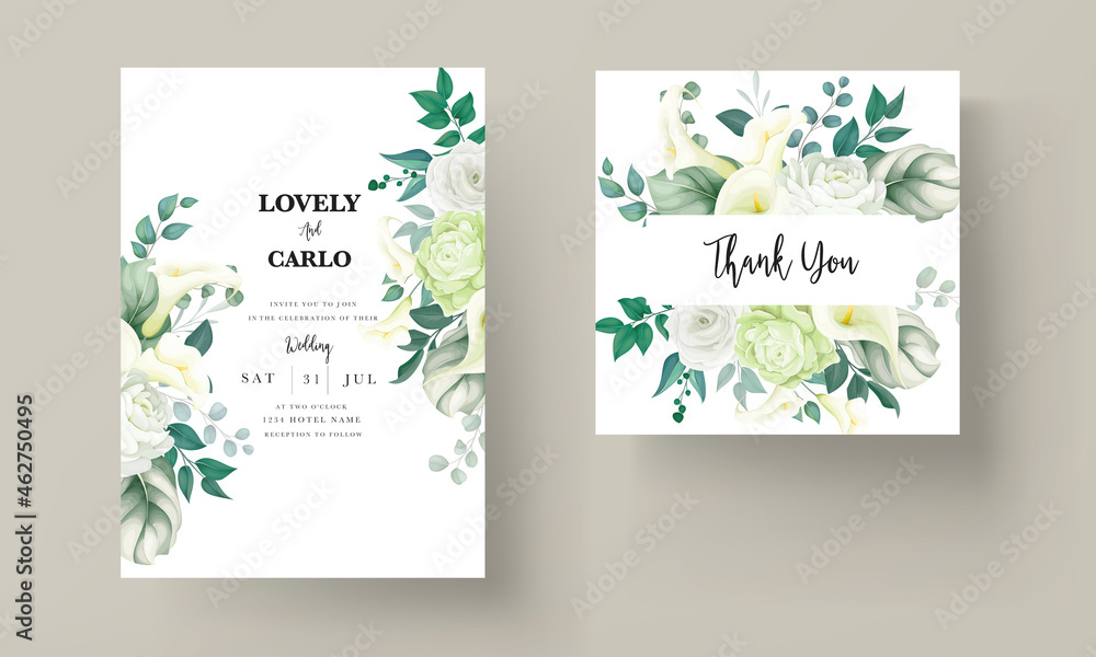 luxury greenery lily and rose flower wedding invitation card