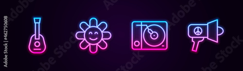 Set line Guitar, Flower, Vinyl player and Megaphone. Glowing neon icon. Vector