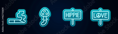 Set line Cigarette, Psilocybin mushroom, Peace and . Glowing neon icon. Vector