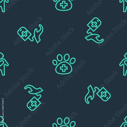 Set line Veterinary clinic, Blood donation and Volunteer on seamless pattern. Vector