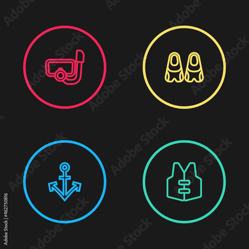 Set line Anchor, Life jacket, Flippers for swimming and Diving mask with snorkel icon. Vector