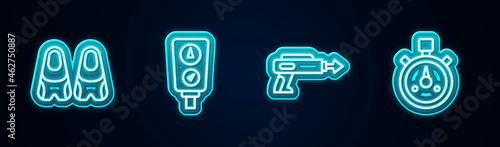 Set line Flippers for swimming, Gauge scale, Fishing harpoon and Stopwatch. Glowing neon icon. Vector