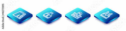 Set Isometric line Short or pants, Sports nutrition, Gym building and Sweaty sleeveless t-shirt icon. Vector