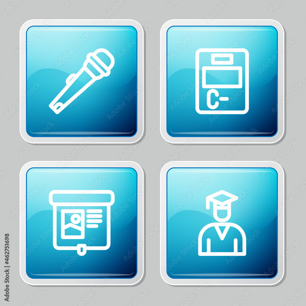 Set line Microphone, Exam paper with incorrect answers, Projection screen and Graduate and graduation cap icon. Vector Set line Microphone, Exam paper with incorrect answers, Projection screen and Graduate and graduation cap icon. Vector