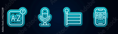 Set line Online translator, Microphone voice device, Flag and Foreign language online study. Glowing neon icon. Vector