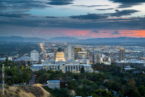 USA, Utah, Salt Lake City, View of Utah State Capitol illuminated at dusk photo