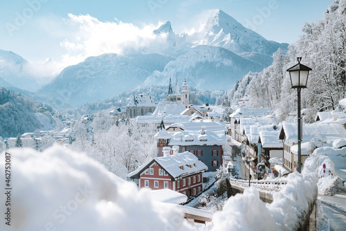 Germany, Bavaria, Berchtesgaden, Town and Watzmann in deep snow photo