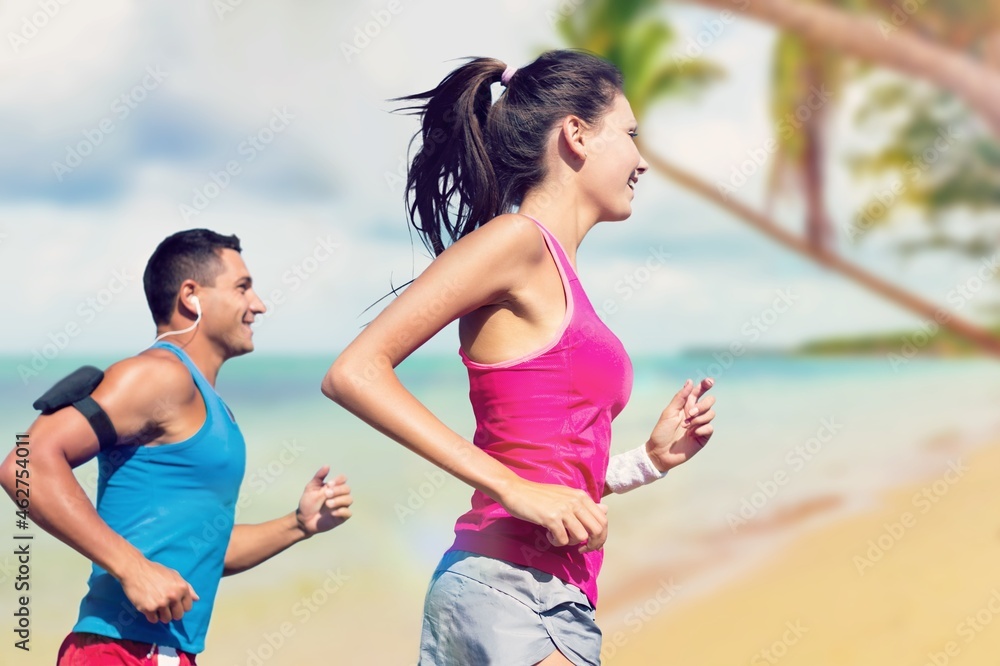 Couple young friends strong sporty sportswoman sportsman training run