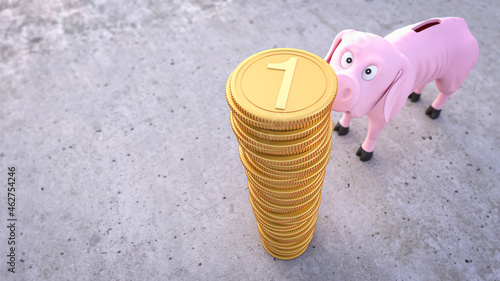 Three dimensional render of skinny malnourished piggy bank looking at stack of gold coins photo