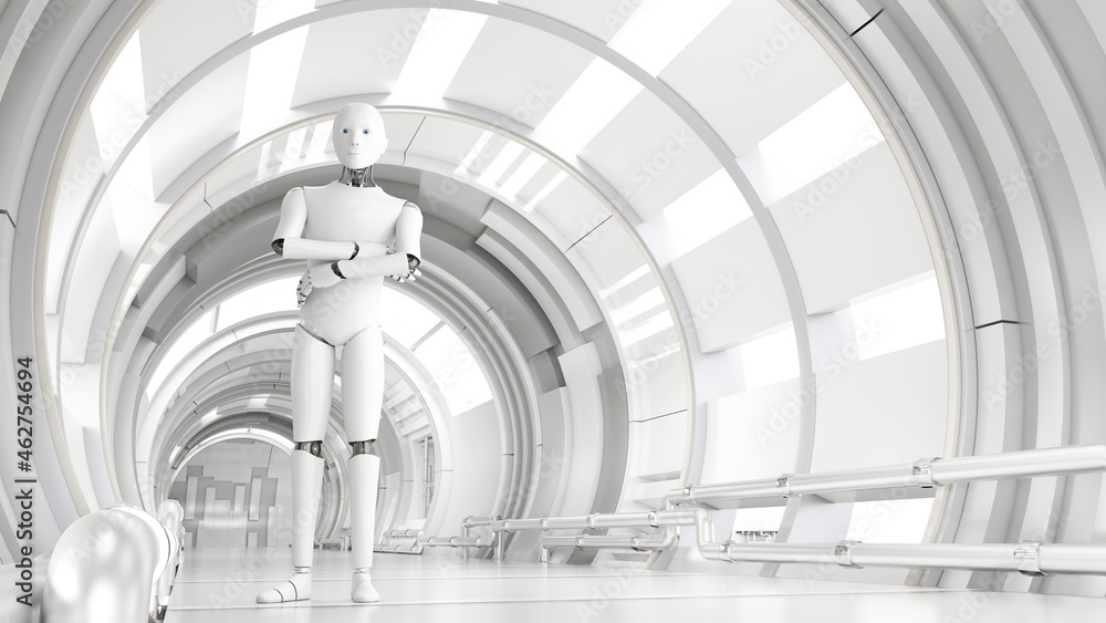 © Westend61 - Three dimensional render of android standing with crossed arms in white bright corridor