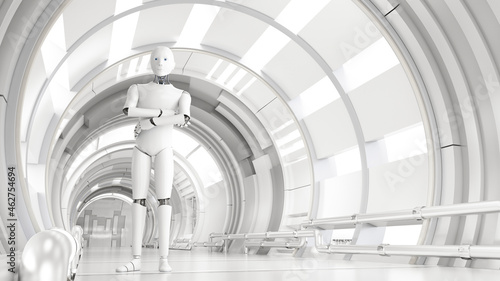 Three dimensional render of android standing with crossed arms in white bright corridor