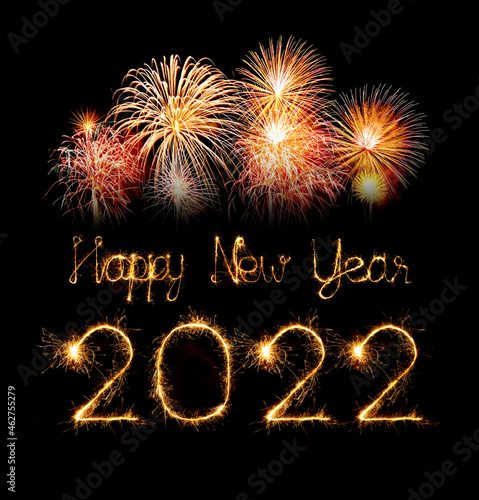 2022 happy new year fireworks written sparkling at night