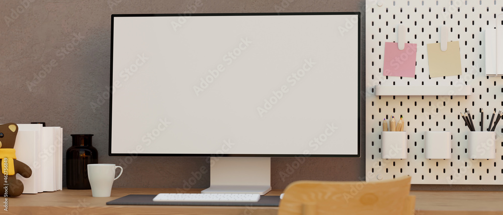 Teen's home working desk, Mockup of a modern computer blank screen on a table - obrazy, fototapety, plakaty 