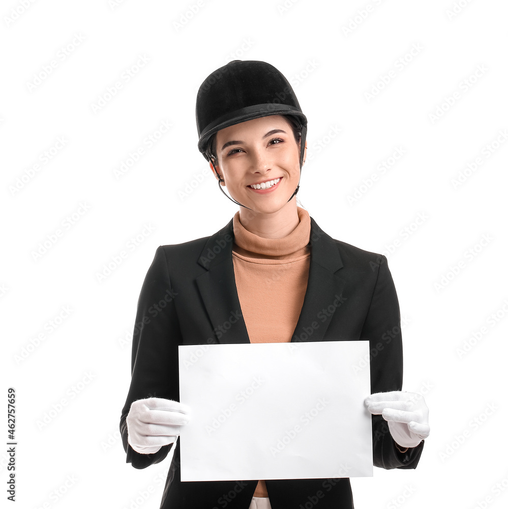Female jockey with blank banner on white background Female jockey with blank banner on white background
