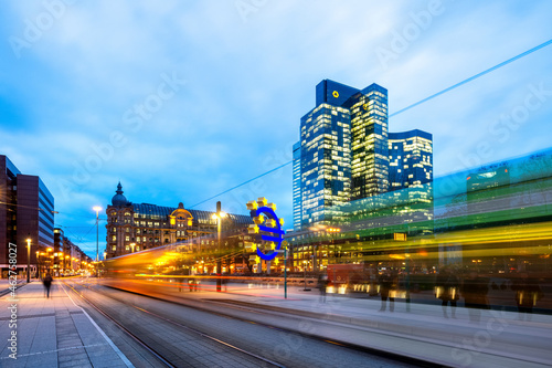Germany, Frankfurt, Willy Brandt Platz, tramway, long exposure photo