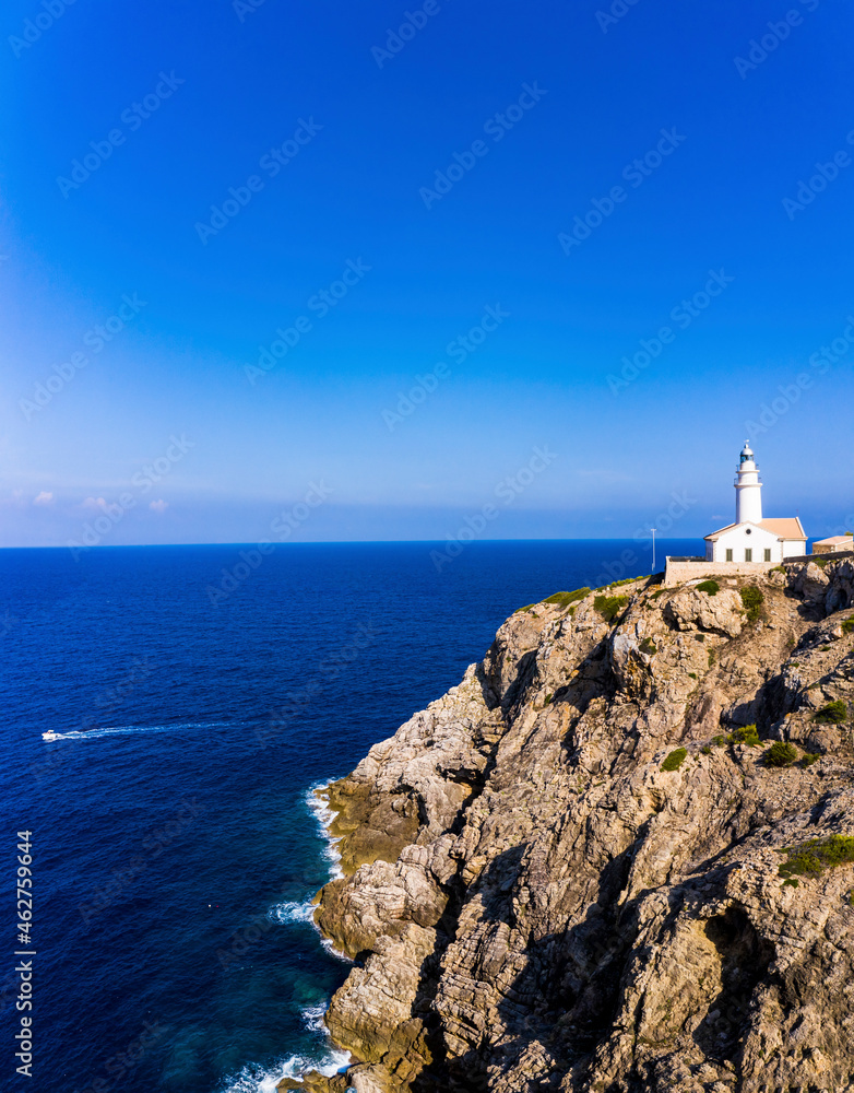 Spain, Mallorca, Cala Ratjada, Helicopter view of Far de Capdepera lighthouse in summer Spain, Mallorca, Cala Ratjada, Helicopter view of Far de Capdepera lighthouse in summer