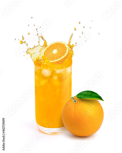 Glass of orange juice with splash and orange fruit isolated on white background.