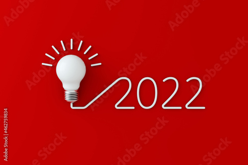 3D rendering 2022 creativity inspiration concepts with lightbulb on red background.Business solution,planning ideas.glowing contents