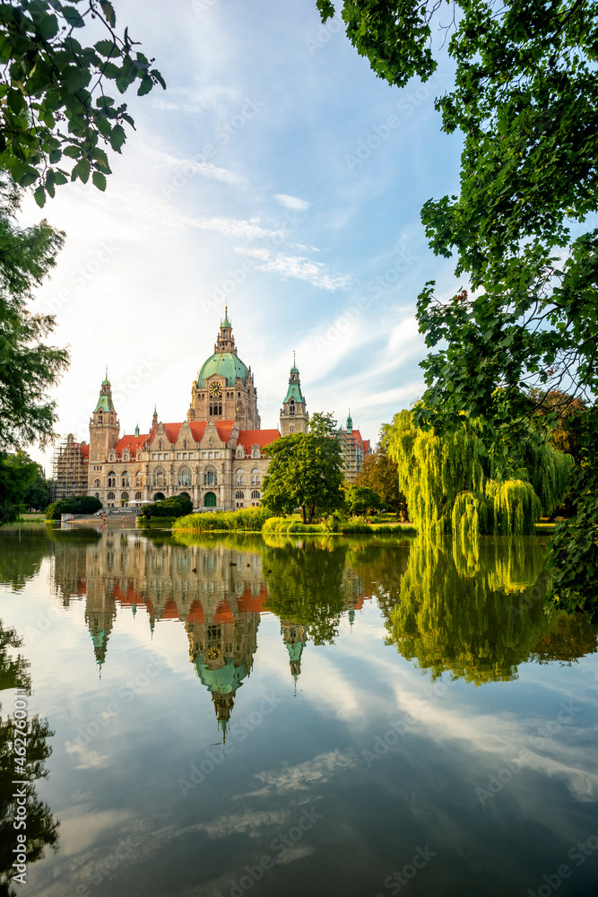 Germany, Hanover, New Town Hall seen across river Leine Germany, Hanover, New Town Hall seen across river Leine