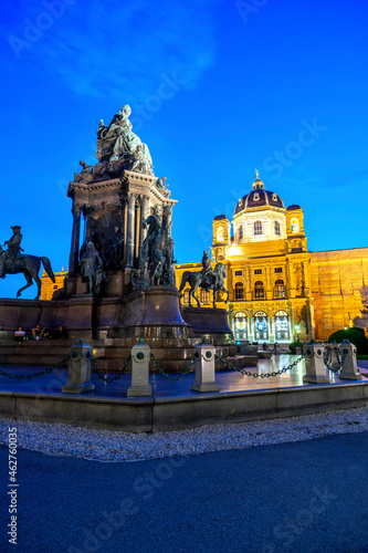 Austria, Vienna, Empress Maria Theresia monument and Natural History Museum at Maria-Theresien-Platz at night photo