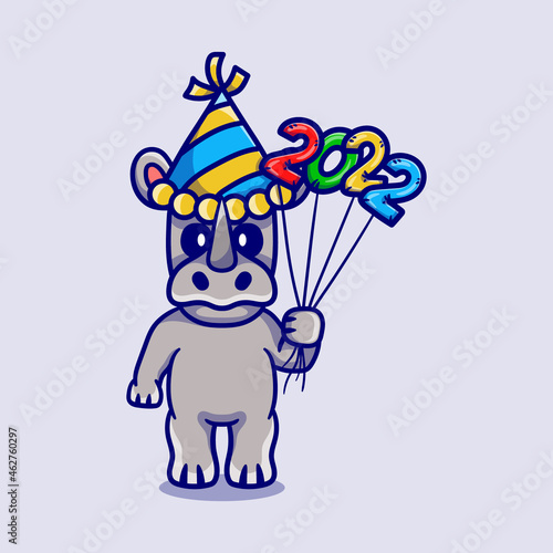 cute rhino celebrating new year with 2022 balloons