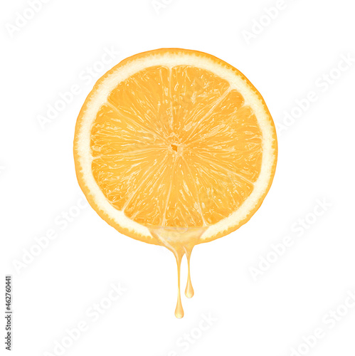 orange slice with juice drop dripping isolated on white background