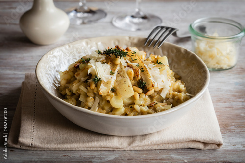 Bowl of ready-to-eat barley risotto with salsify